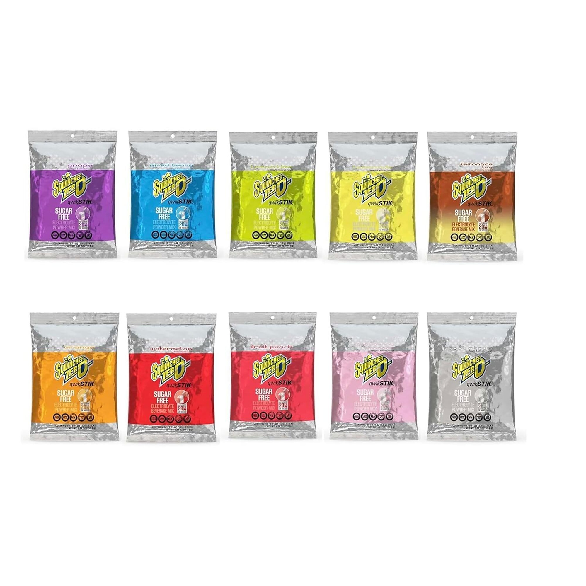 Sqwincher Zero Qwik Stik Sugar Free Electrolyte Powder Packets, 10 Flavor Variety, 0.11 oz, Makes 20 oz, 500 Count